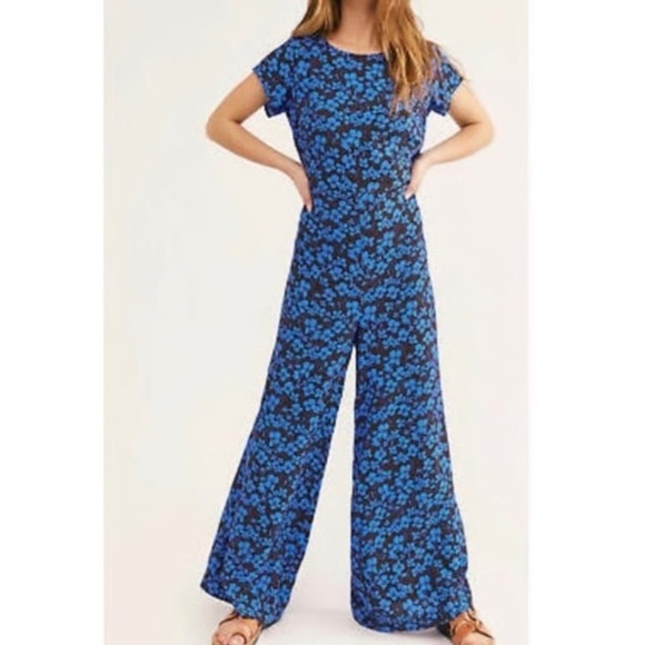 Free People Pants - 🔆 Free People Blue and Black Floral Jumpsuit with Wide-Leg Design